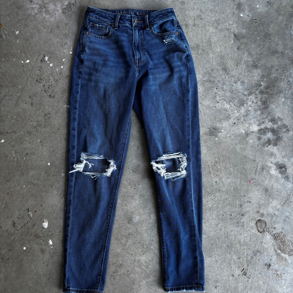 American Eagle Mom Jeans Dark Wash Ripped Distressed‎ Denim High Waisted  00